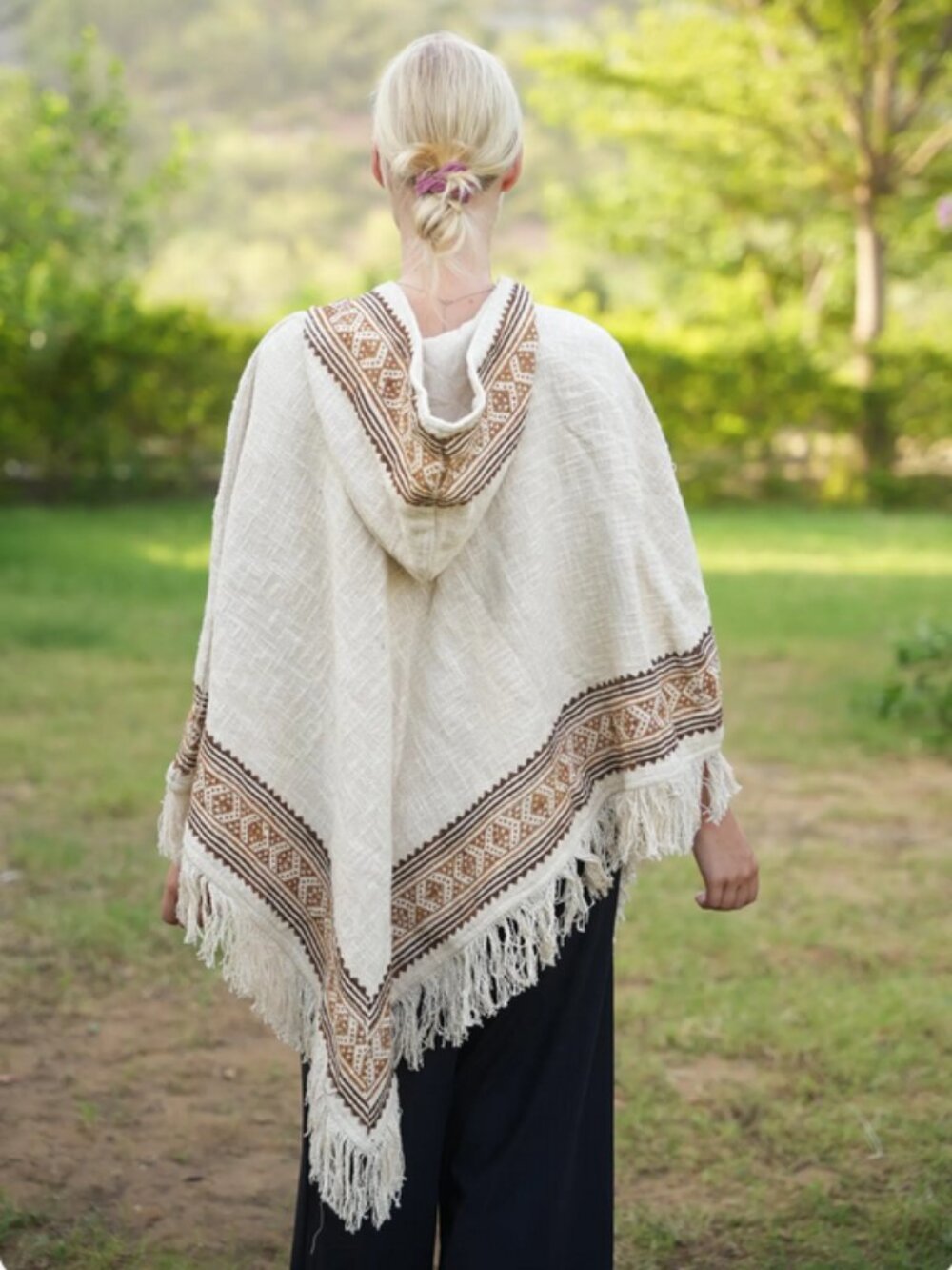 Handcrafted Beige Boho Poncho | Hooded Tribal Cotton Cape | Festival & Ritual